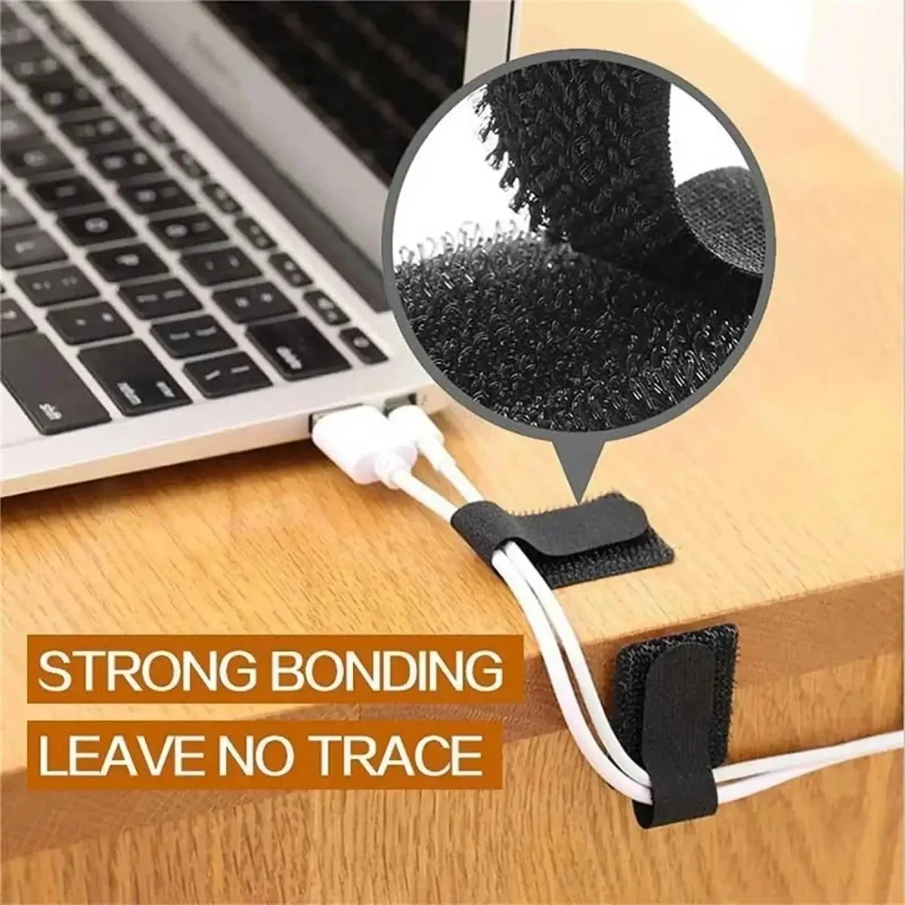 Reusable velcro cable ties on a laptop cable– close up