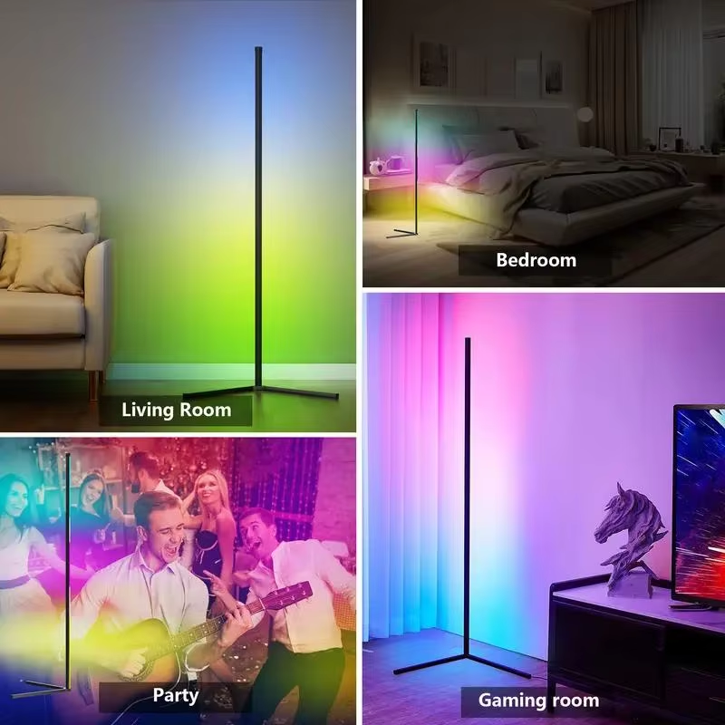 RGB corner floor lamp glowing warm white beside a desk at night