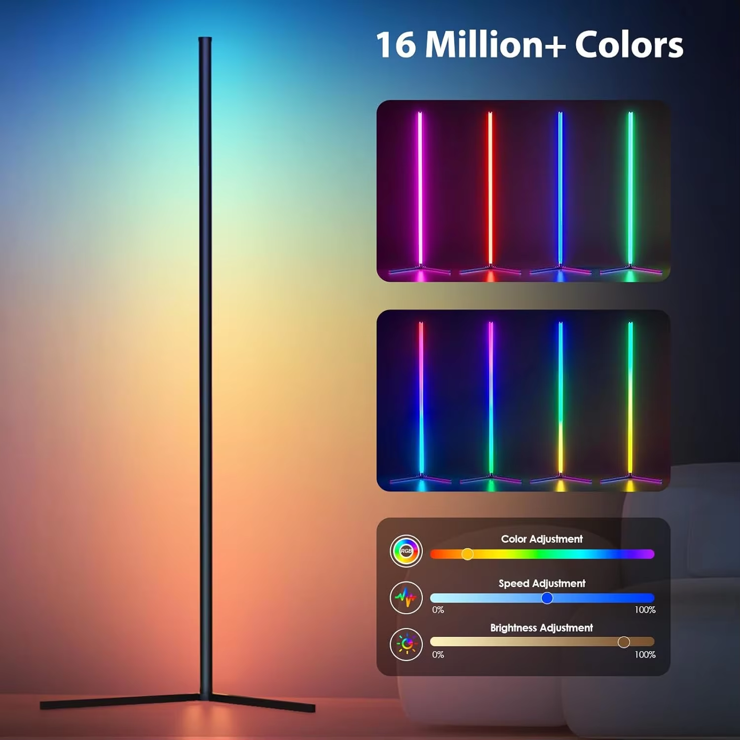 A slim RGB corner floor lamp glowing warm white beside a desk at night
