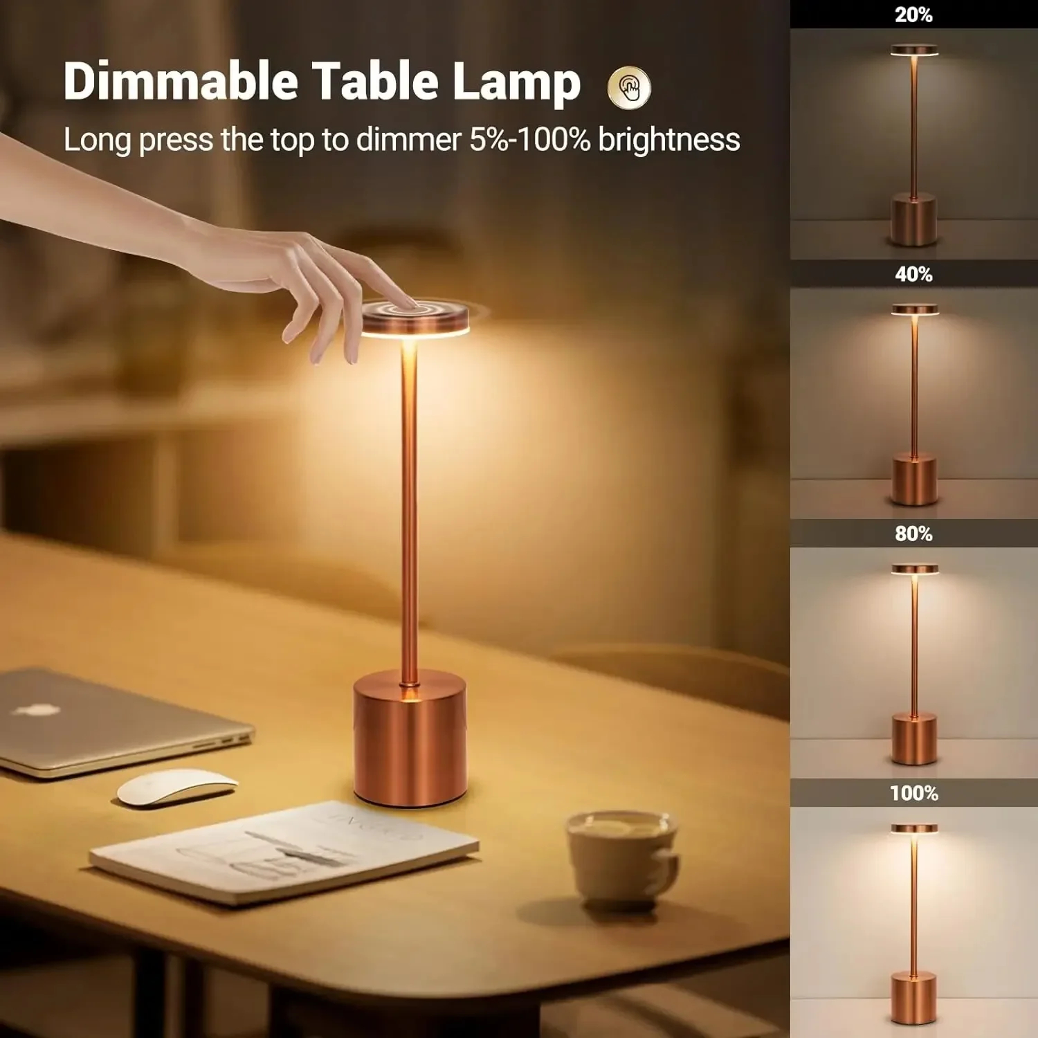 A cordless LED lamp on a side table beside a sofa