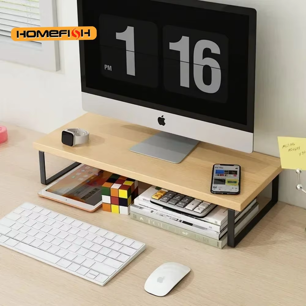 Elevated monitor storage riser with books stored underneath