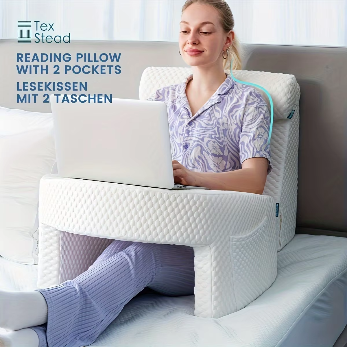 Memory foam laptop support pillow– in use