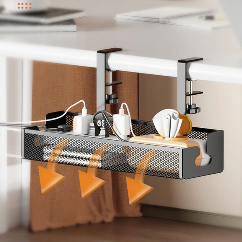 No-drill under-desk cable tray black– in use